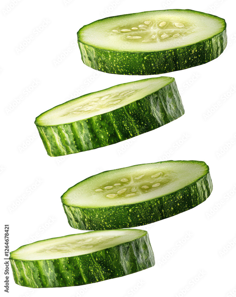 Poster cucumber slices falling in stacked arrangement with transparent background showing fresh vegetable