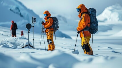 Two researchers dressed in bright orange winter gear gather data on a glacier landscape, surrounded by snow and ice formations under a clear blue sky.