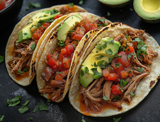A high-quality top-down food photograph showcasing three mouthwatering tacos filled with tender pulled pork, creamy avocado slices, and fresh lettuce. The tacos are placed on a dark background, 
