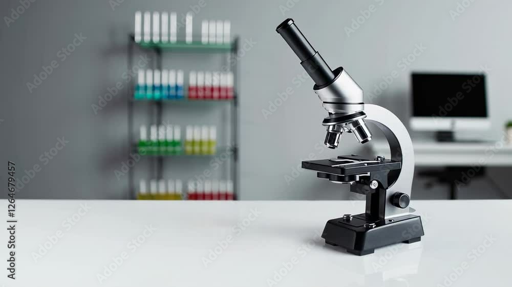 Poster modern laboratory microscope stands on a white table in a research facility, with shelves of colorfu