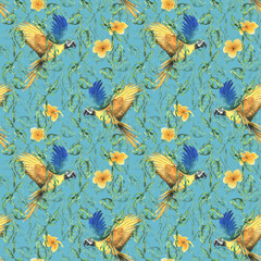 Tropical palm leaves, monstera and flowers of plumeria, hibiscus, bright juicy with blue-yellow macaw parrot. Hand drawn watercolor botanical illustration. Seamless pattern on the blue background.