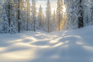 Fototapeta premium A serene winter landscape featuring snow-covered trees and a fresh blanket of snow, illuminated by soft golden sunlight filtering through the branches, creating a magical atmosphere.