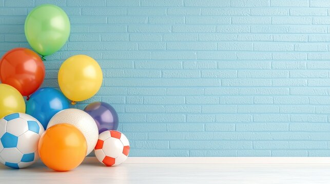 Colorful balloons and soccer balls against a light blue brick wall