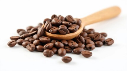 Fototapeta premium Wooden Spoon with Spilled Coffee Beans on White Background