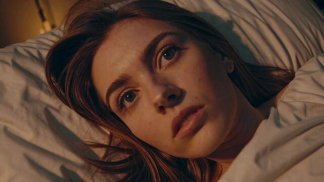 Sleepless woman lying in dark bedroom, slowly opening worried eyes while scanning surroundings, revealing mental health challenges of nighttime insomnia