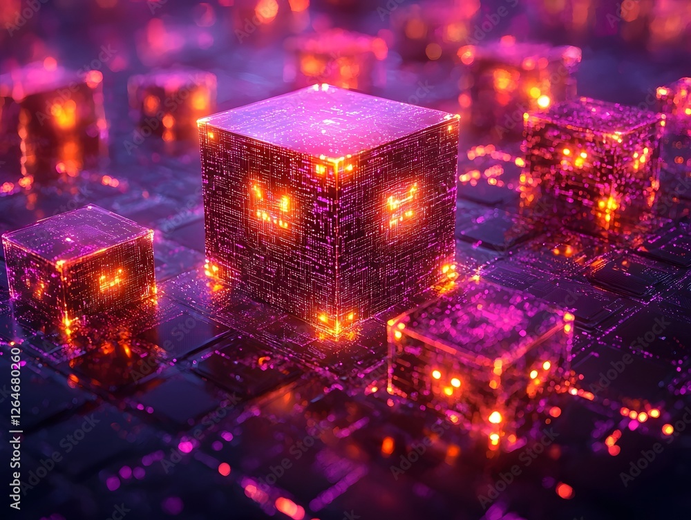 Poster glowing blockchain tower of luminous data blocks symbolizing stability and scalability