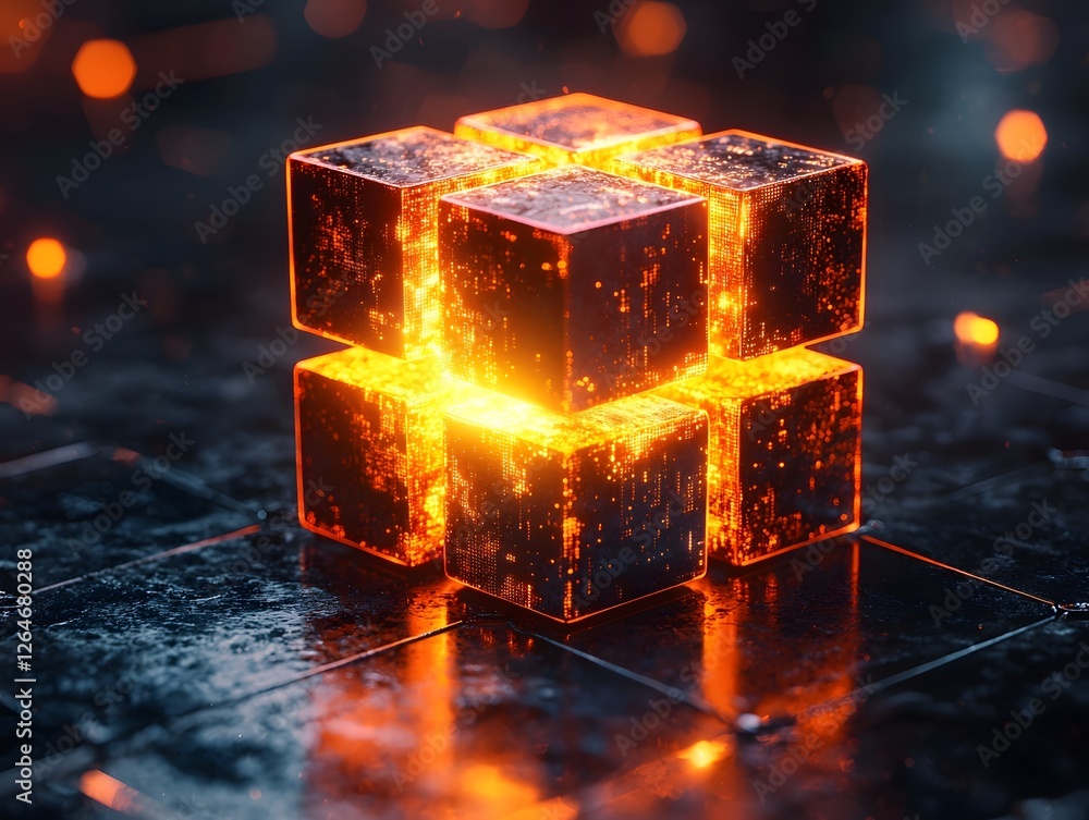 Poster glowing blockchain tower made of luminous data blocks symbolizing blockchain technology stability an