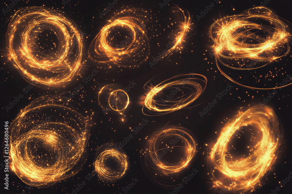 Poster set of golden circles with a black background. the circles are all different sizes and are scattered