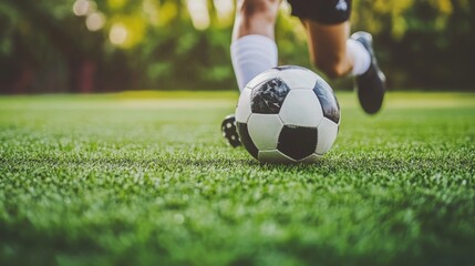 Fototapeta premium A professional football player kicking a soccer ball on a bright green field 