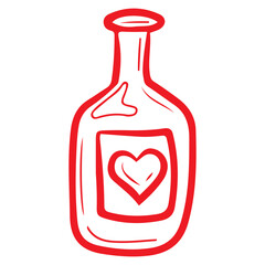 Wine of love. Hand drawn doodle. Romantic elixir. Glass bottle with drink. Alcoholic cocktail. Beverage. Vector line art illustration.