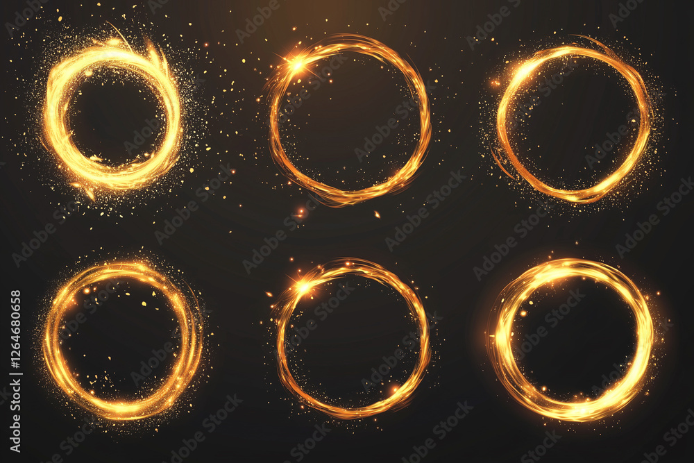 Poster set of six golden circles with a lot of sparkles. The circles are all different sizes and are arranged in a row