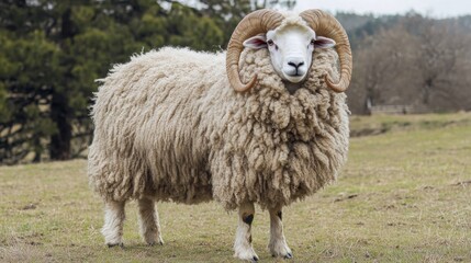 Fototapeta premium A purebred sheep with thick wool, captured with a peaceful expression on its face as it stands in a field. 