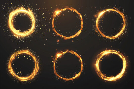 set of six golden circles with a lot of sparkles. The circles are all different sizes and are arranged in a row