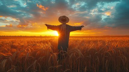 Fototapeta premium Wheat fields under a cloudy sky, with a scarecrow standing in the foreground