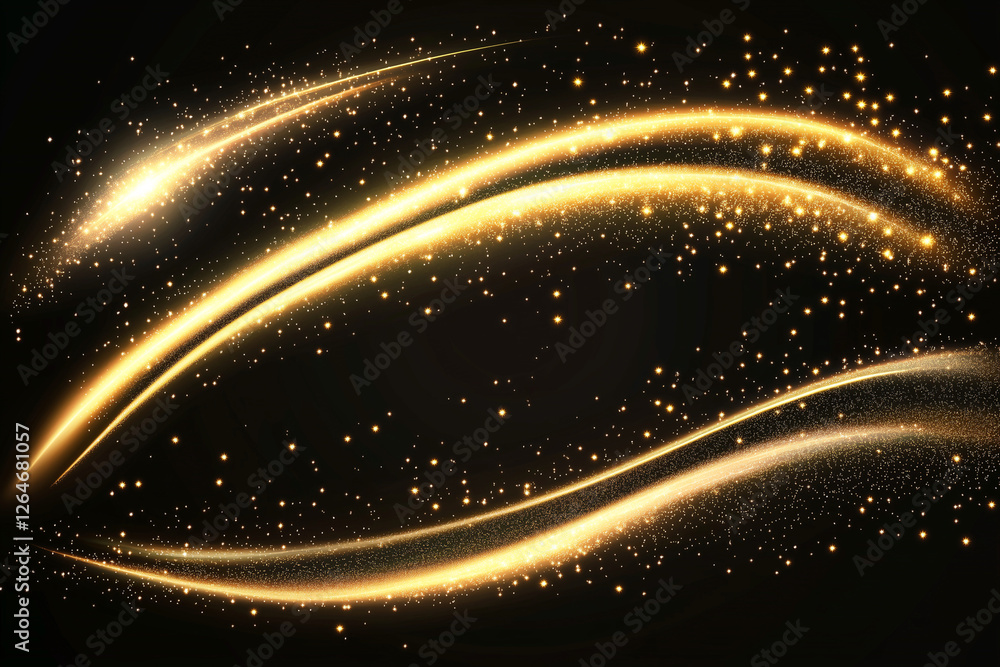 Poster series of gold and black swirls with a lot of sparkles. the swirls are arranged in a way that create