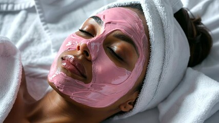 Relaxed woman enjoying a rejuvenating pink facial mask treatment at a spa, promoting skincare, wellness, and self-care