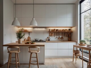 Modern bright kitchen boasts natural light and minimalist aesthetic