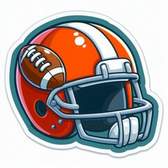 Cartoon illustration of an orange football helmet with a ball attached