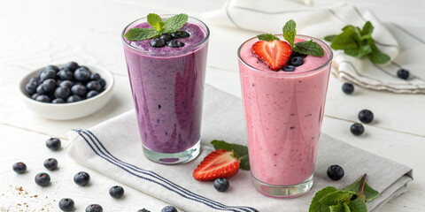 Vibrant blueberry and strawberry smoothies in glass cups with fresh fruit and mint leaves, placed on a white surface for a healthy refreshment