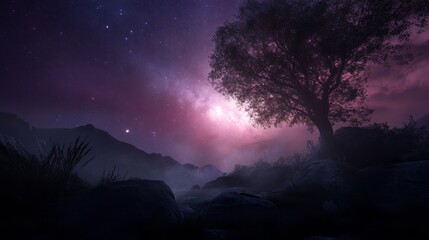 Obraz premium A night sky with stars and fog over the mountains, a tree in the foreground, a purple glow from behind the scene, realistic, cinematic, dark fantasy.