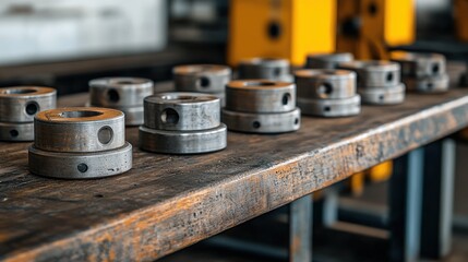 A row of metal components is neatly arranged on a wooden workbench, showcasing industrial precision and craftsmanship in a workshop environment.
