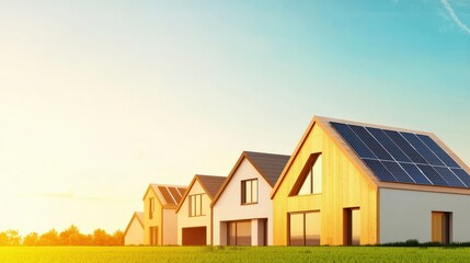 Obraz premium A row of houses with solar panels on the roofs. The houses are all different sizes