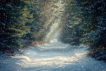 A serene snowy forest path illuminated by sun rays, with snow-covered trees, capturing the peacefulness and beauty of winter landscape scene, creating a sense of tranquility.