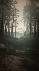 Naklejka premium Mysterious forest path leading into a foggy wilderness, evoking a sense of adventure and exploration.