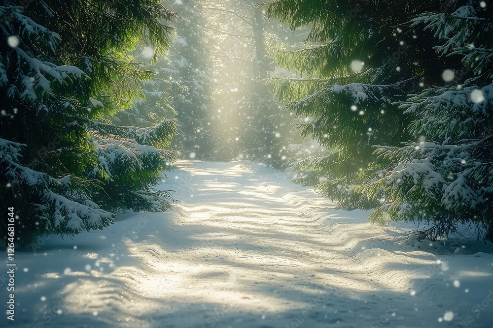 Poster a serene winter wonderland scene with snow-covered trees and a path bathed in sunlight, creating a t