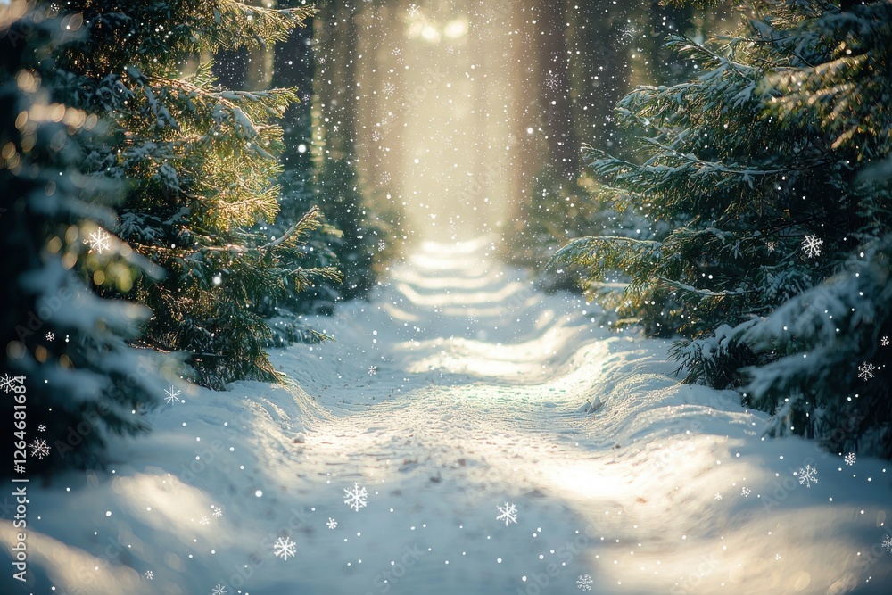 Poster a breathtaking winter scene with a snow-covered path illuminated by sunlight, flanked by trees and d
