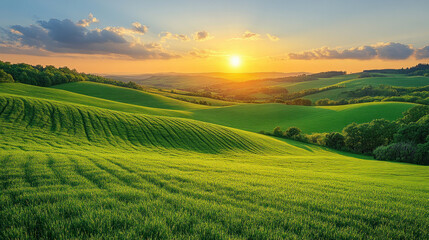 Obraz premium Expansive green fields leading to distant rolling hills under a brilliant summer sky