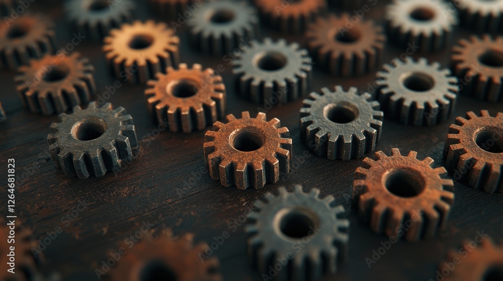 Poster a close-up view of various metallic gears arranged on a dark surface, showcasing a mix of rust and n