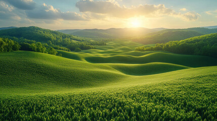 Fototapeta premium Expansive green fields leading to distant rolling hills under a brilliant summer sky