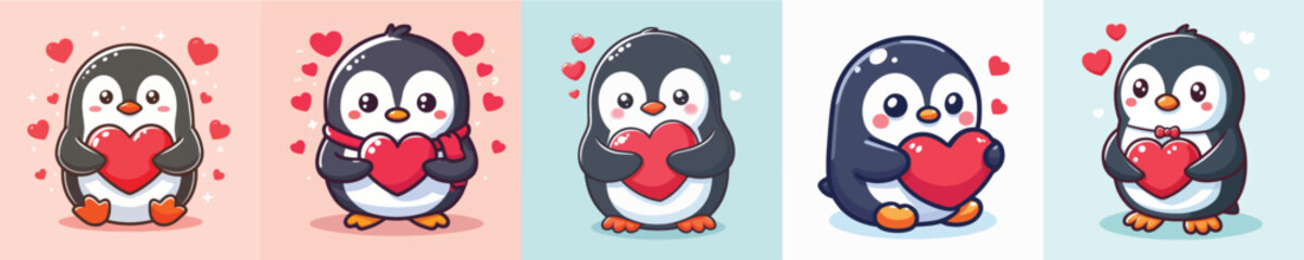 vector set of adorable penguins holding red love