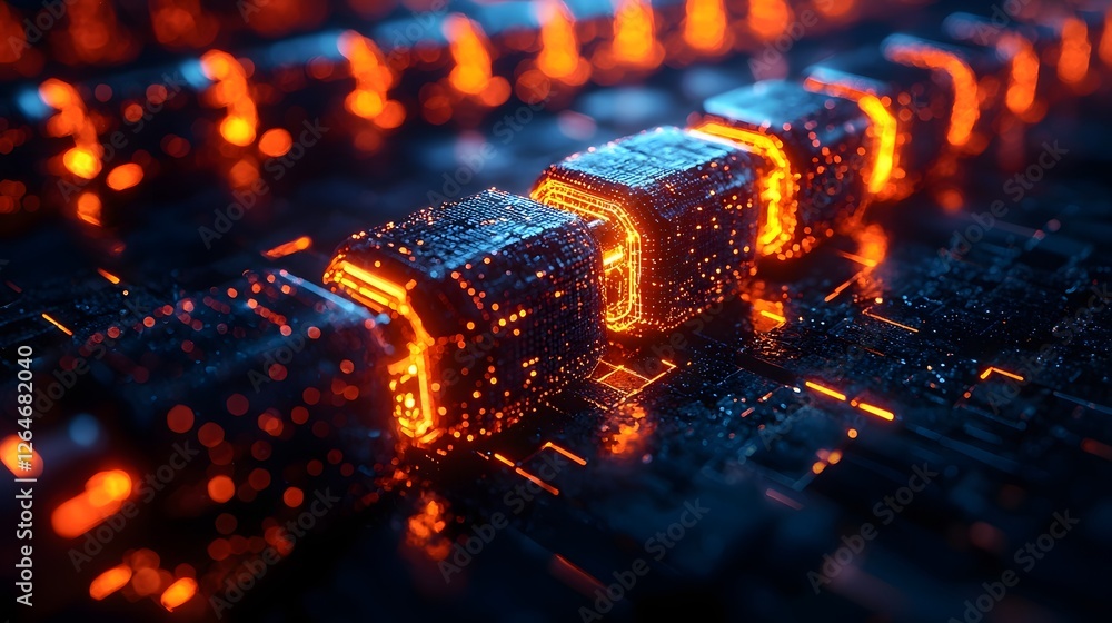 Poster glowing blockchain network with interconnecting neon cubes symbolizing secure digital ledger