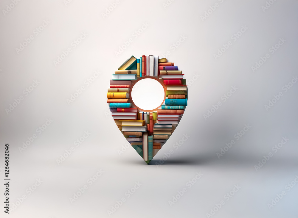 Poster a location pin marker is creatively filled with a stack of vibrant, colorful books. the pin casts a 