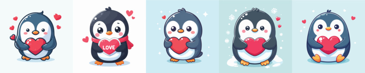 vector set of adorable penguins holding red love
