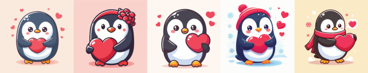 vector set of adorable penguins holding red love