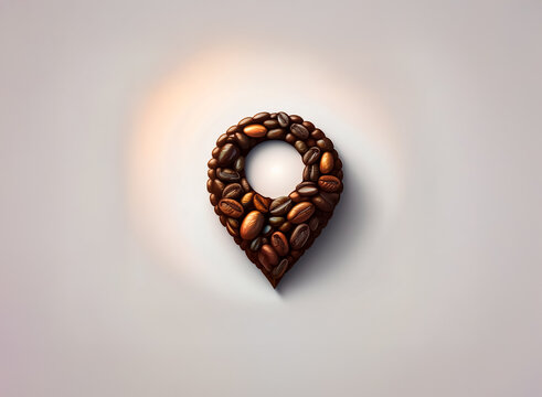 Coffee bean map pin marker on a simple background. Location symbol crafted from roasted coffee beans. Point of interest, cafe, or coffee shop concept.