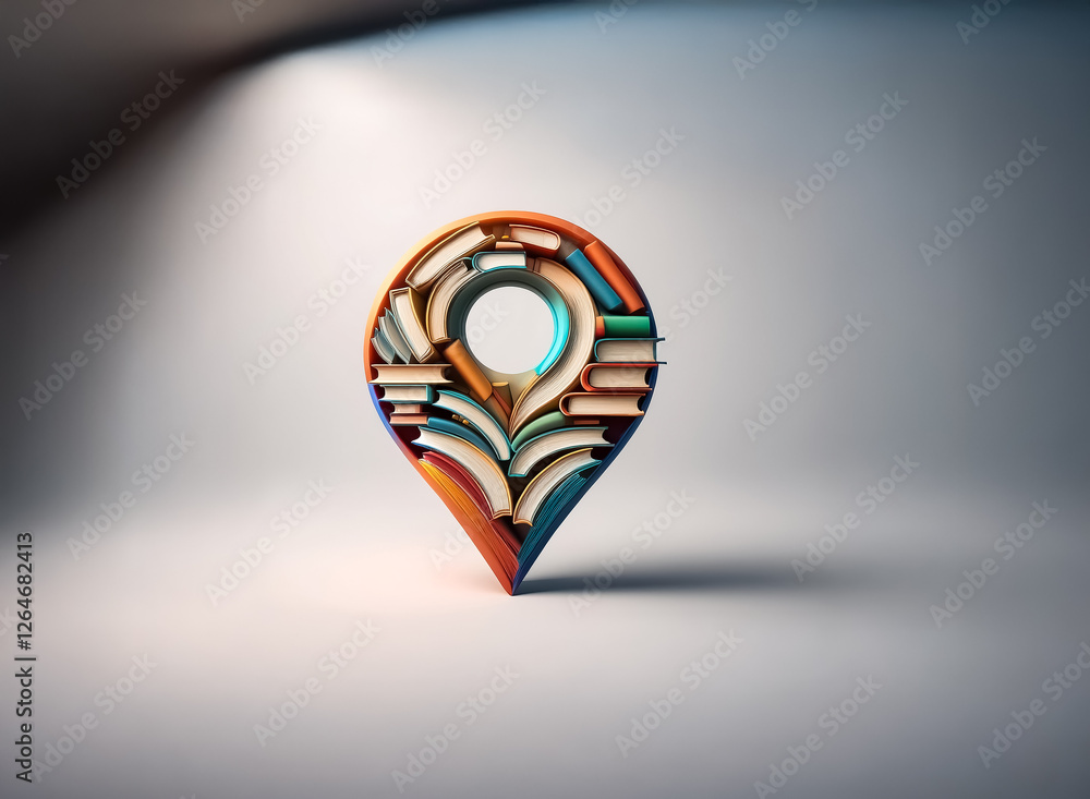 Poster a location marker creatively crafted from stacked books. the pin shape is formed with colorful books
