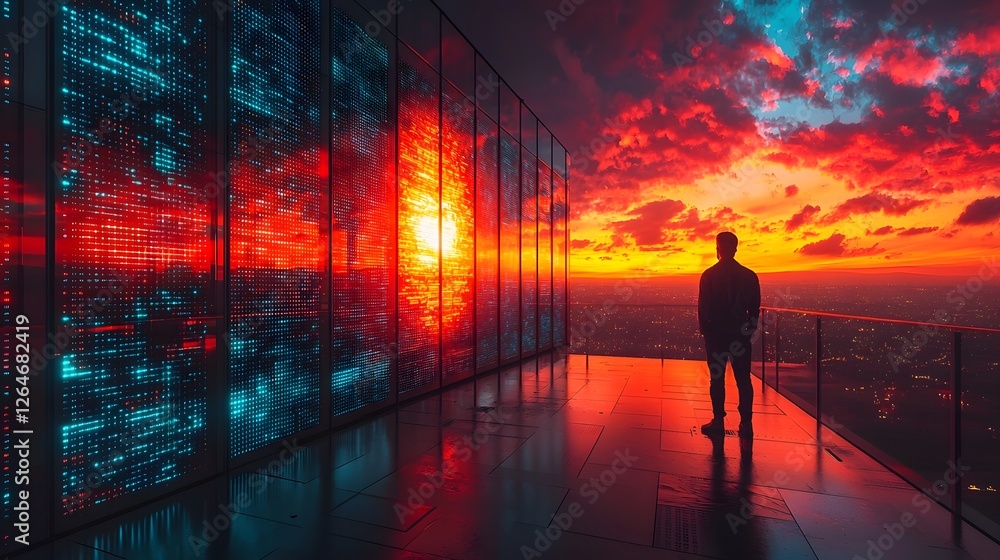 Poster blockchain mining farm illuminated by glowing server racks with holographic data streams