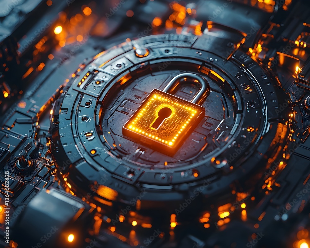 Poster glowing digital lock surrounded by blockchain nodes forming protective shield cybersecurity concept