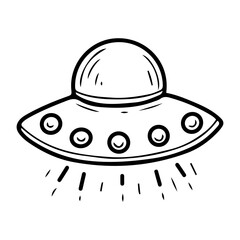 Alien ship. Hand drawn doodle. Spaceship. Celestial transport of the traveler. UFO. Guest from another galaxy. Travel through the universe. Vector line art illustration.