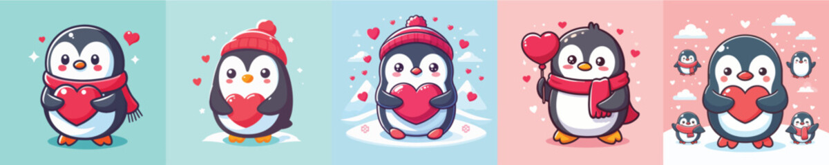 vector set of adorable penguins holding red love