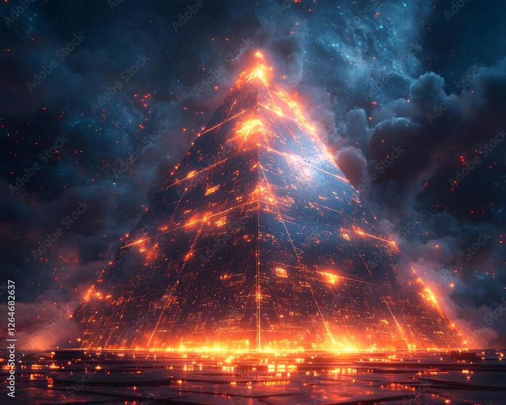 Poster surreal glowing blockchain pyramid with flowing data blocks symbolizing modern financial technology 
