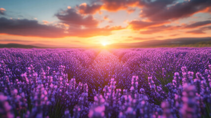 Fototapeta premium Field of lavender under a dramatic evening sky with rolling clouds