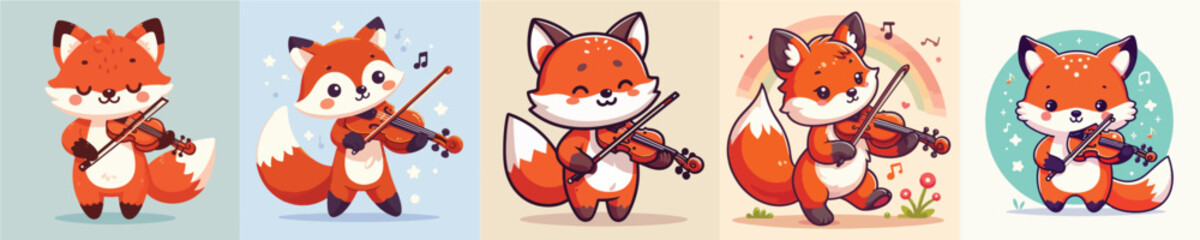 vector set of adorable foxes playing the violin