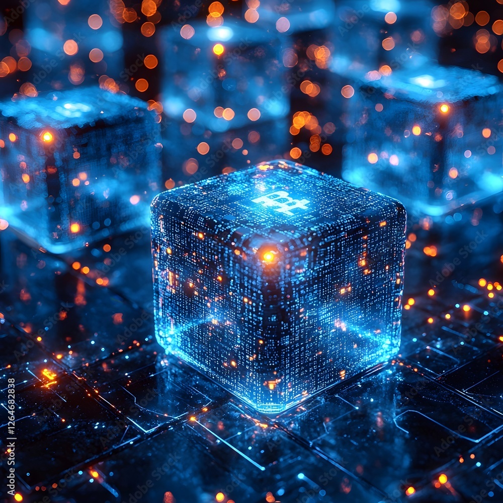 Aufkleber glowing blockchain cubes levitating in futuristic digital space symbolizing encrypted trust