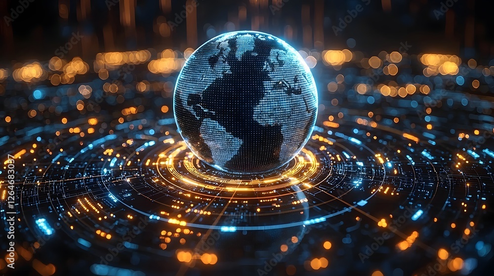 Poster glowing blockchain network surrounding holographic earth symbolizing global technological transforma