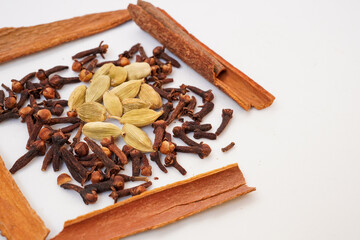 Cardamom, cinnamon, clove, mixed spices isolated on white background. Whole garam masala, Indian spices in selective focus.